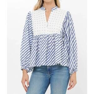 NEW OLIPHANT puff sleeve mandarin balloon top in blue stripe